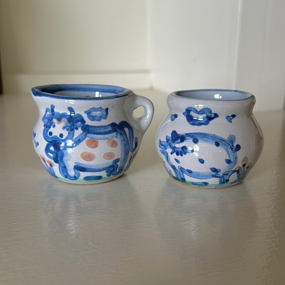 M A Hadley stoneware pottery mini creamer & sugar set with cow & pig design